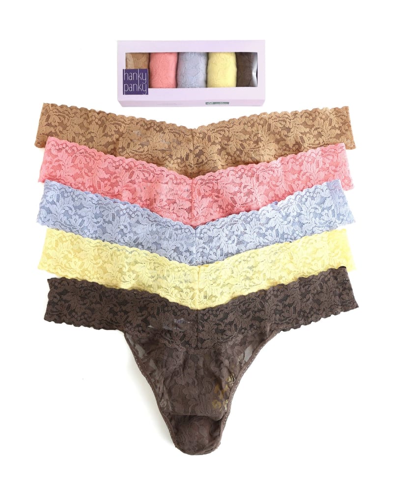 Front of a size one-size-fits-all 5PACK SIGNATURE LACE PLUS THONG in LADY-LADYLIKE-: BEIGE PINK GREY CREAM BROWN TONES by Hanky Panky. | dia_product_style_image_id:272548